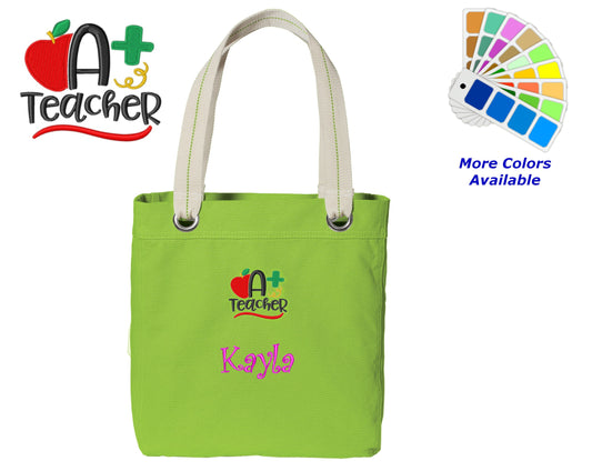 Personalized Canvas Teacher Tote Bag A Plus Teacher Design Contrast Lined with Metal Grommets Embroidered with Name or Text of Your Choice