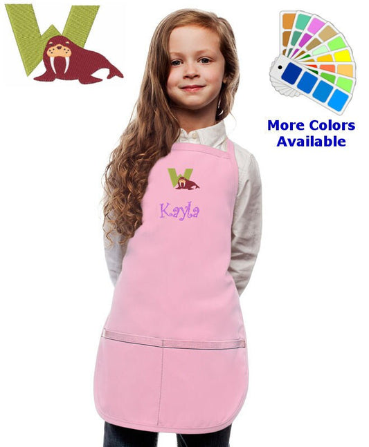Personalized Kids Apron with Animal Alphabet Letter W Walrus Embroidery Design, Monogrammed Art Smock, Childrens Apron, Cooking Gift