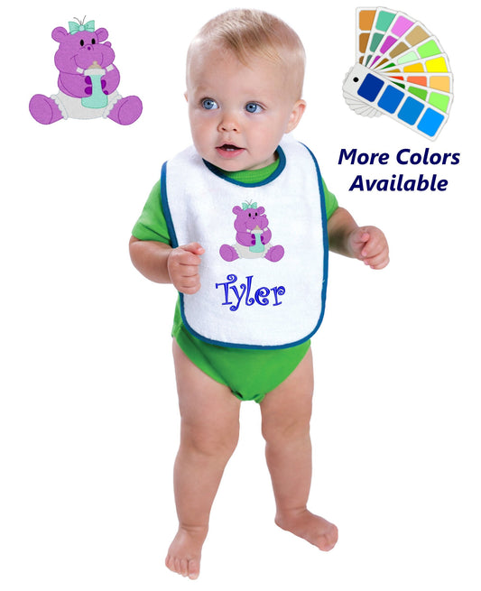 Personalized Baby Bib White Cotton Terry with Contrast Trim Baby Hippo Design for Boy or Girl Embroidered Name