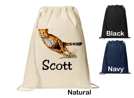 Personalized Cheetah Running Cat Cinch Pack, Drawstring Gym School PE Pool Backpack, Printed Monogrammed Custom Name, Perfect Gift