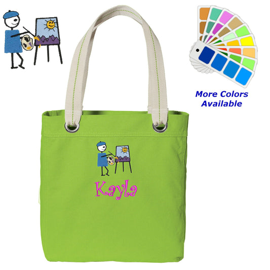 Personalized Canvas Tote Bag Artist Design Contrast Lined with Metal Grommets Embroidered with Name or Text of Your Choice