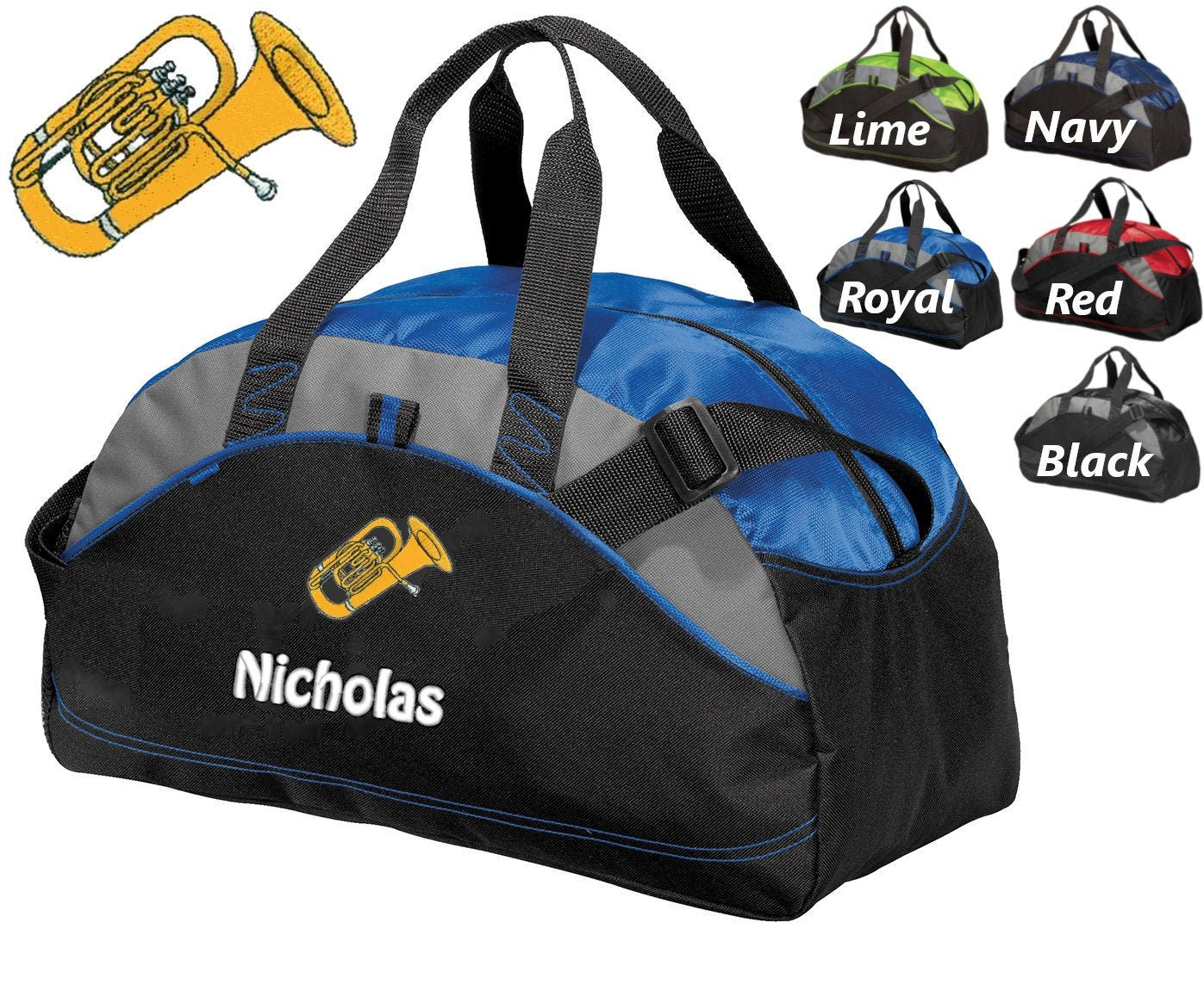 Personalized Kids Duffel Bag, Tuba Design, Gym Bag, School Band, Contrast Piping Stitching, Embroidered Name, Music Gift, Student Gift
