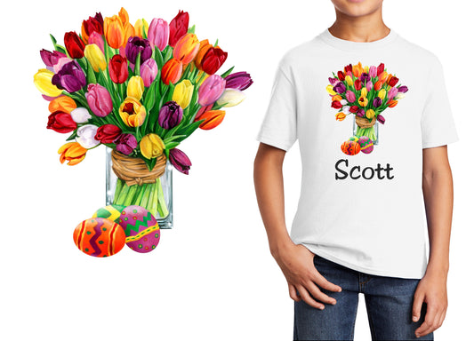 Personalized Kids T-Shirt Easter Flowers Eggs Design, T-Shirt, Colorful, Cotton, Low Price Inexpensive Tee Shirt, Student Gift, Easter Gift