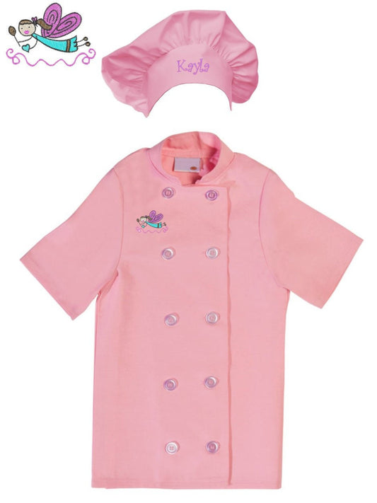 Personalized Kids Pink Chef Coat Jacket with Chef Hat and Cooking Fairy Design Short Sleeve