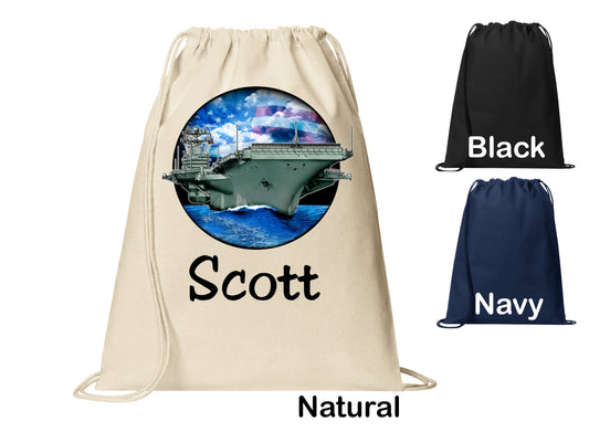 Personalized Aircraft Carrier Navy Cinch Pack, Drawstring Gym School PE Pool Backpack, Printed Monogrammed Custom Name, Perfect Gift