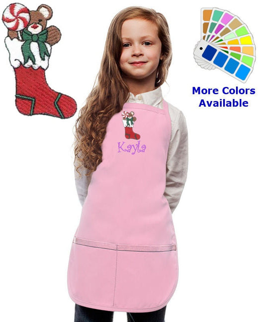 Personalized Kids Christmas Apron with Bear in Stocking Embroidery Design, Child Xmas Gift, Holiday Apron