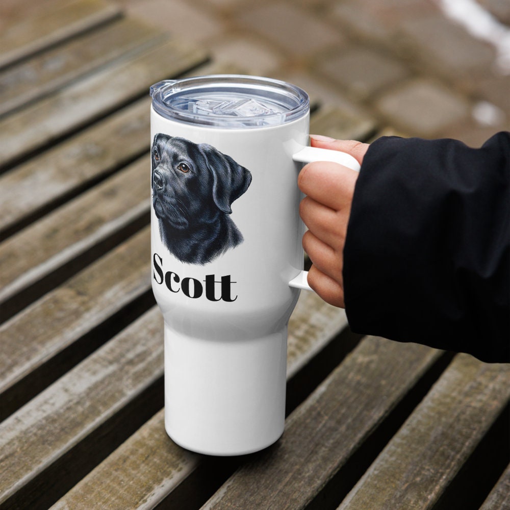 Custom Black Lab Retriever Dog Travel Mug Tumbler with Handle, Stainless Steel BPA-free plastic Cup, 25 Ounce Mug, Dad Dog Lover Gift