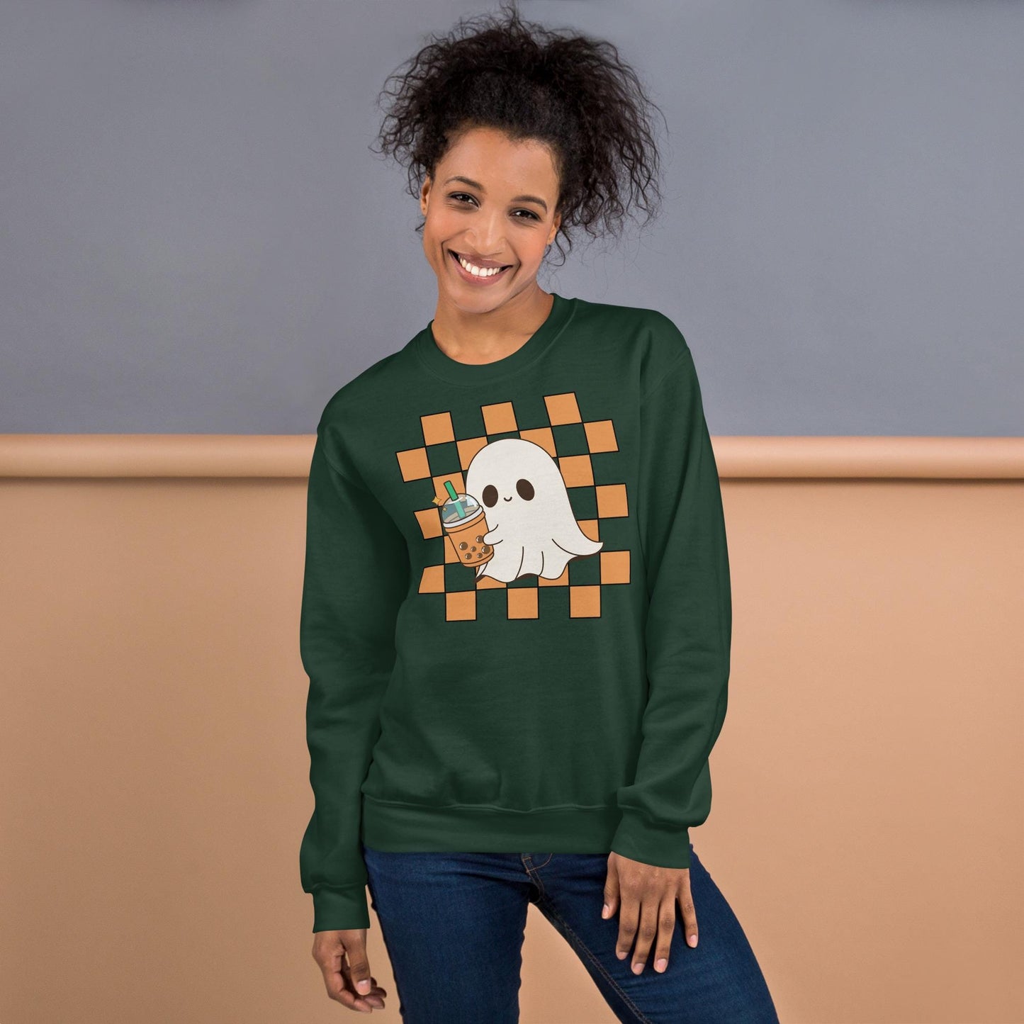 Halloween Ghost Sweatshirt, Cute Ghost Checker Coffee Sweats, Womens Halloween Sweatshirt, Cute Retro Fall Sweats, Spooky Season, Fall Gift