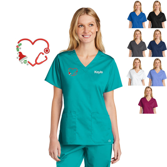 Personalized Womens Christmas Scrubs Top with Custom Embroidered Text or Name, Doctor, Veterinarian, Hospital, Shirt, Medical Apparel