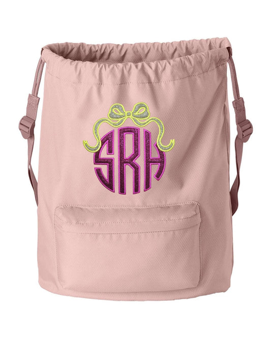 Monogrammed Cinch Pack, Embroidered Glitter Applique, Pastel Drawstring Gym School PE Pool Backpack, Diamond Fabric, Custom Name, Bridesmaid