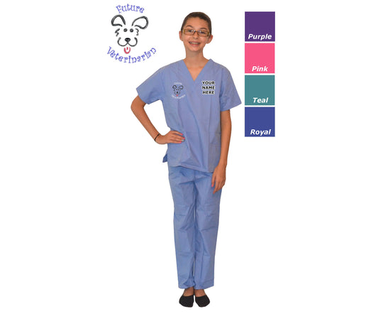 Embroidered Personalized Kids Veterinarian Scrubs with Puppy Dog Embroidery Design for little Doctors and Nurses