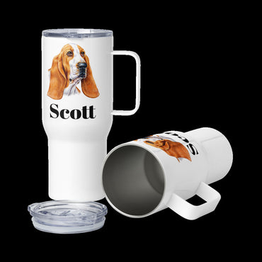 Custom Basset Hound Dog Travel Mug Tumbler with Handle, Stainless Steel BPA-free plastic Cup, 25 Ounce Mug, Dad Dog Lover Gift