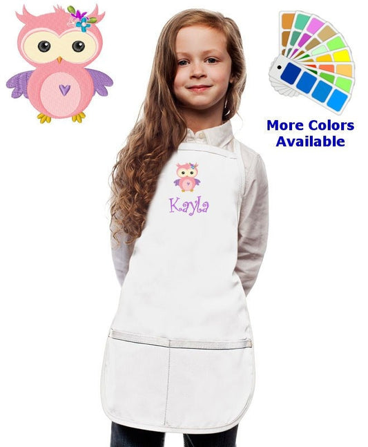 Personalized Kids Apron with Pink Owl Embroidery Design