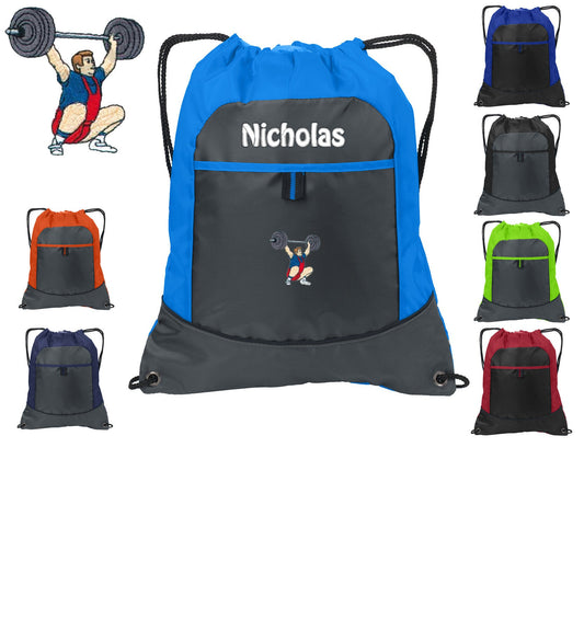Personalized Kids Cinch Pack Drawstring, Weight Lifter Design, Gym School PE Pool Backpack Embroidered Monogrammed Custom Name School Gift