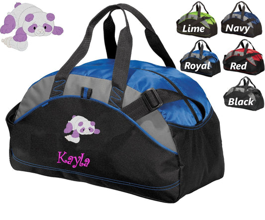 Personalized Kids Duffel Bag Gym School PE Contrast Piping and Stitching Embroidered with Panda Bear and Name or Text of Your Choice