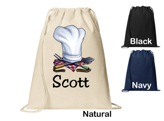 Personalized Chef Hat Cinch Pack, Drawstring Gym School PE Pool Backpack, Printed Monogrammed Custom Name, Perfect Gift