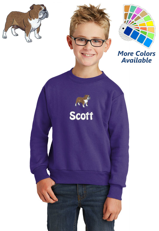 Personalized Kids Bulldog Dog Sweatshirt Embroidered Name Unisex Girl or Boy Gift with Monogrammed Name Sports Gift Crewneck Sweater