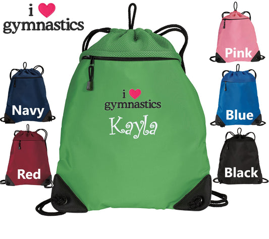 Personalized Gymnastics Cinch Pack, Drawstring I Love Gymnastics, School PE Pool Backpack, Embroidered Monogrammed Custom Name Perfect Gift