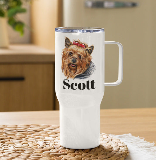 Custom Yorkshire Terrier Yorkie Dog Travel Mug Tumbler with Handle, Stainless Steel BPA-free Cup, 25 Ounce Mug, Dad Mom Dog Lover Gift