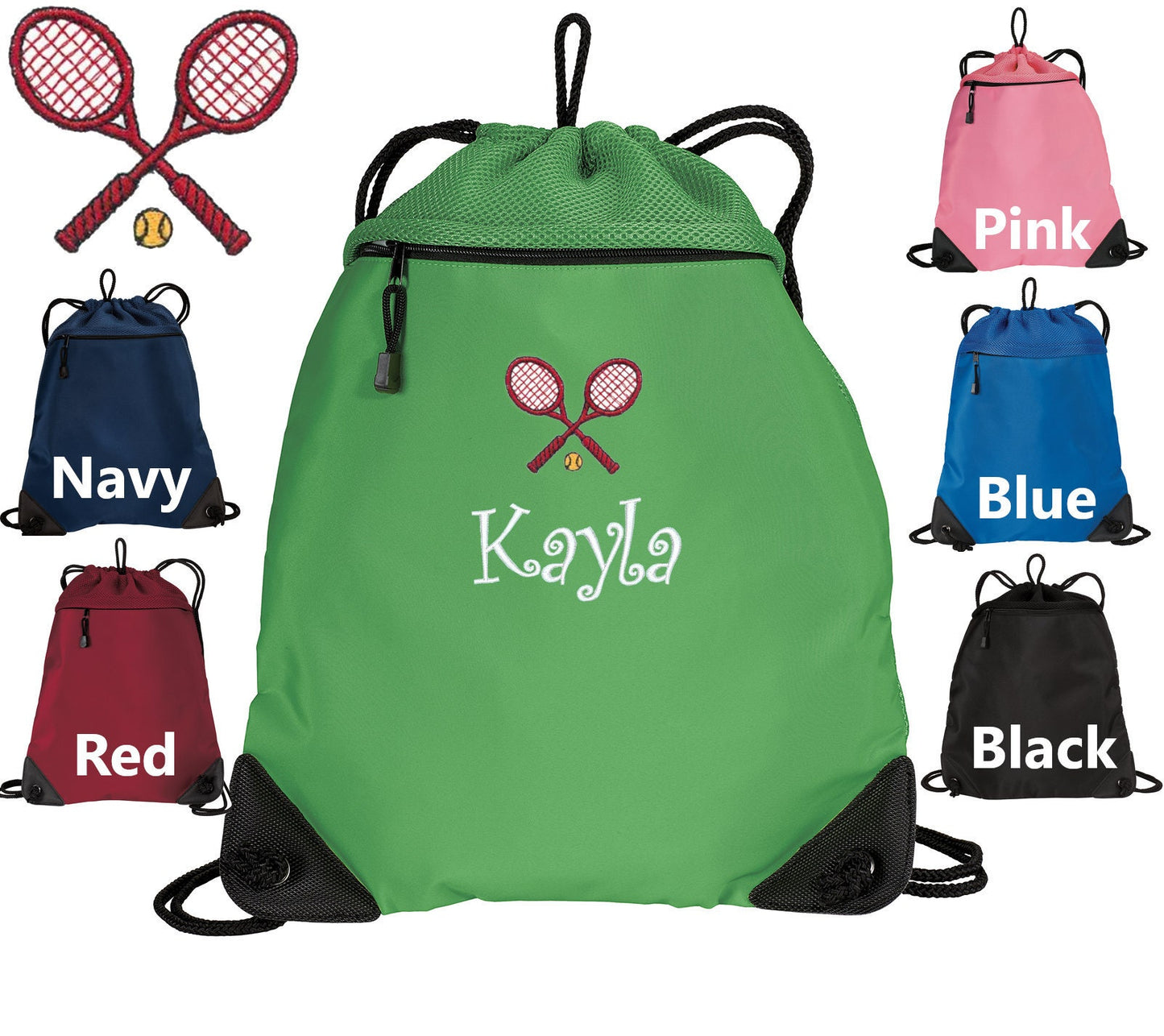 Personalized Kids Cinch Pack, Drawstring Gym School PE Pool Backpack, Embroidered Tennis Rackets, Monogrammed Custom Name, Kids Gift