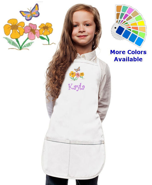 Personalized Kids Apron Flowers with Butterfly Embroidery Design