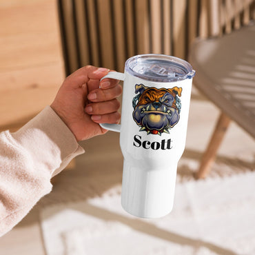 Custom Bulldog Dog Travel Mug Tumbler with Handle, Stainless Steel BPA-free plastic Cup, 25 Ounce Mug, Dad Mom Dog Lover Gift