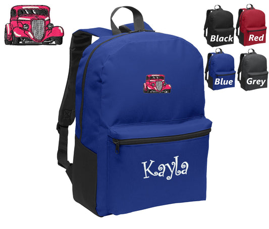 Personalized Kids Backpack Embroidered Street Rod Hot Rod Car Monogrammed with Name of Your Choice Perfect Kids School Gift