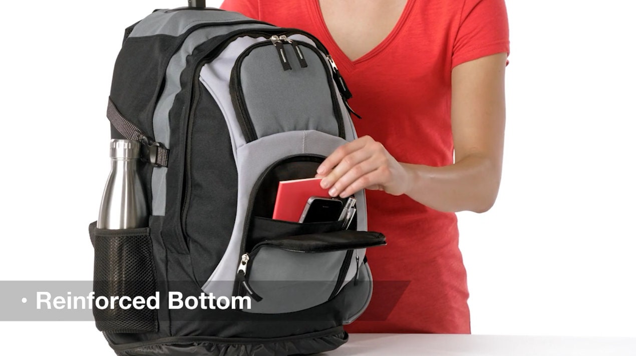 Personalized Rolling Backpack, Inline Skate Wheels, Embroidered Monogrammed Name, Side Pockets, College Student Gift, Large Backpack Handle
