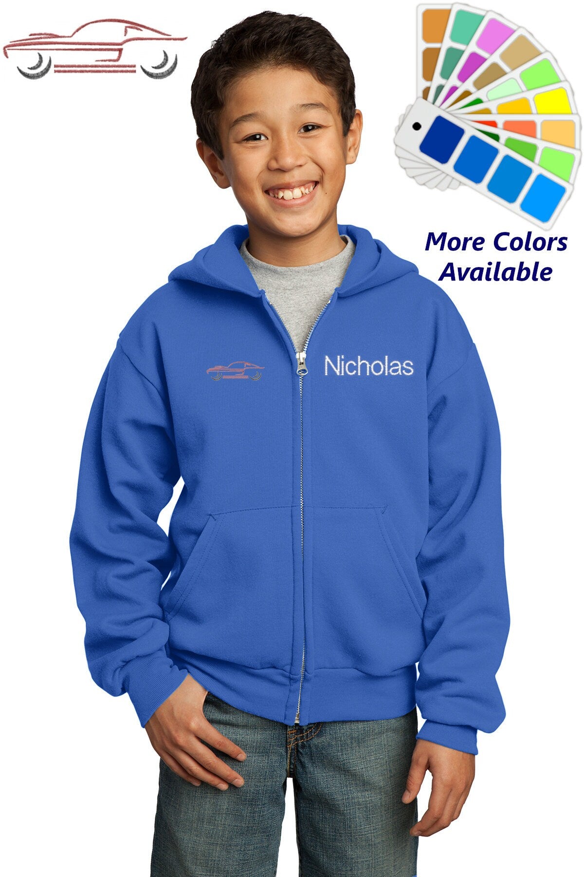 Personalized Kids Hoodie Sweatshirt Zipper Embroidered Sports Car Mustang Design with a Name of Your Choice