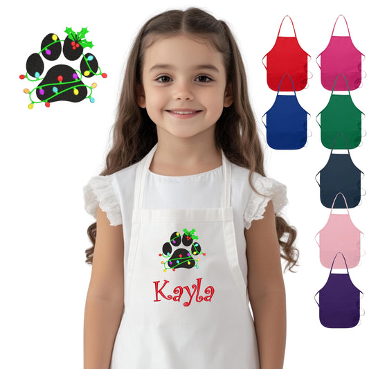 Personalized Kids Christmas Apron, Embroidered Name Dog Paw Print Design, Monogrammed Chef Uniform, Chef Gift, Cooking Art Party, School