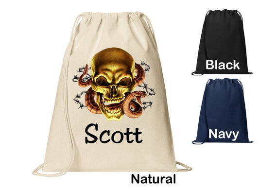 Personalized Goth Skull Snake Design Cinch Pack, Drawstring Gym School Pool Backpack, Printed Monogrammed Custom Name, Perfect Gift