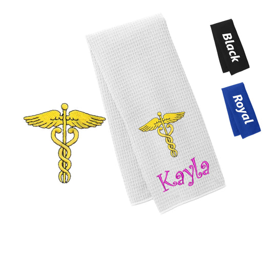 Personalized Nurse Towel with Caduceus Design, Gym, Workout Fitness Towel, Waffle Microfiber Embroidered Name Monogrammed Nurse Doctor Gift