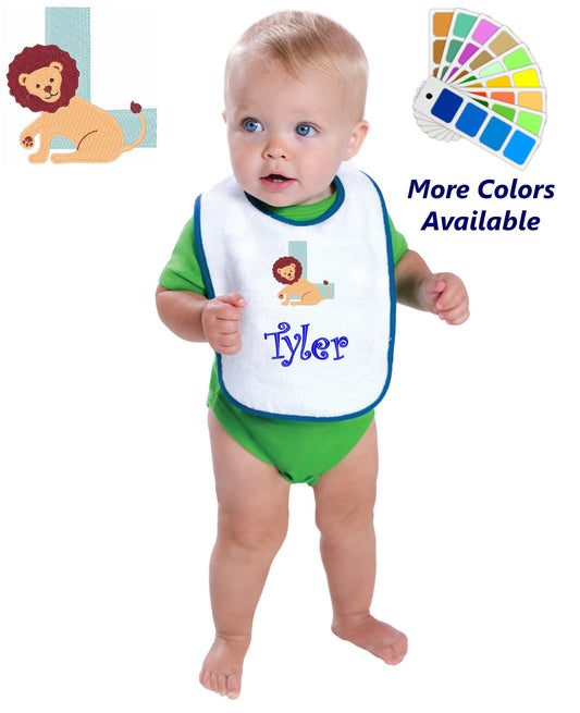 Personalized Baby Bib, White Cotton Terry with Contrast Trim, Letter L, Alphabet, Lion Design, for Boy or Girl, Embroidered Name