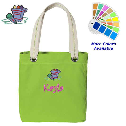 Personalized Canvas Tote Bag Crayons Art Design Contrast Lined with Metal Grommets Embroidered with Name or Text of Your Choice