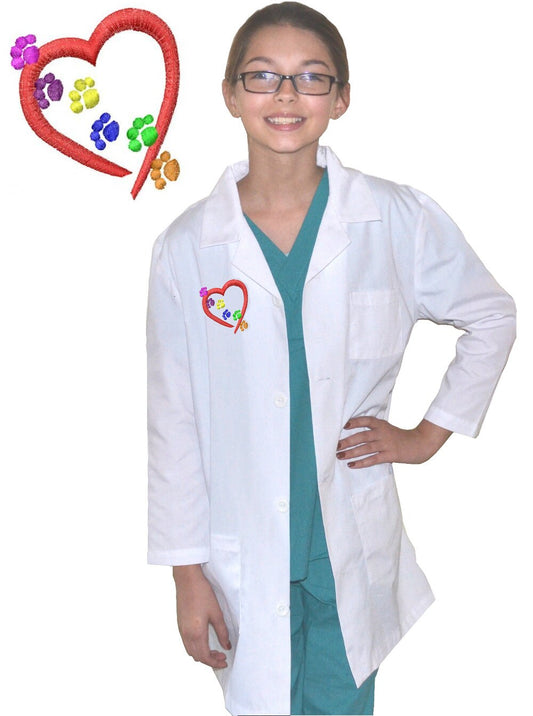 Kids Veterinarian Lab Coat with Heart and Paw Prints Embroidery Design for little Doctors and Nurses