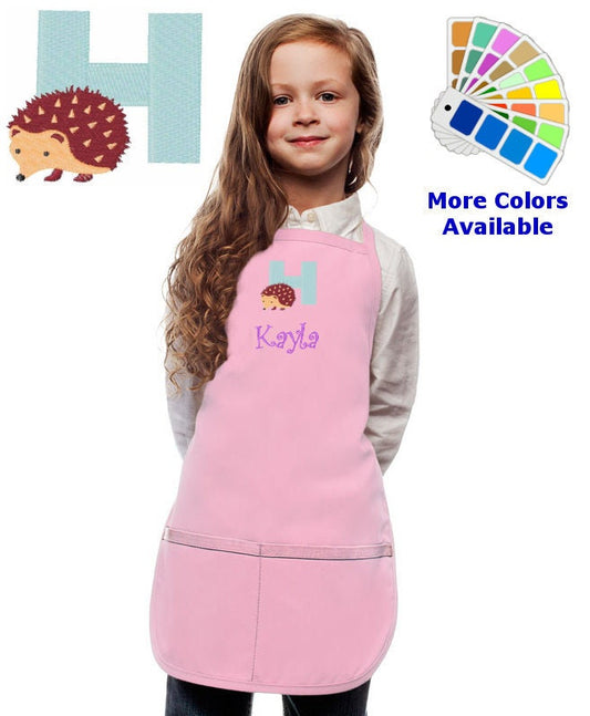 Personalized Kids Apron with Animal Alphabet Letter H Hedgehog Embroidery Design, Monogrammed Art Smock, Childrens Apron, Cooking Gift