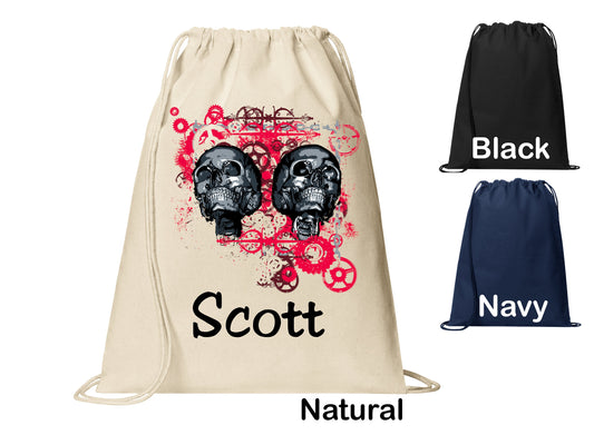 Personalized Goth Skulls Gears Design Cinch Pack, Drawstring Gym School Pool Backpack, Printed Monogrammed Custom Name, Perfect Gift