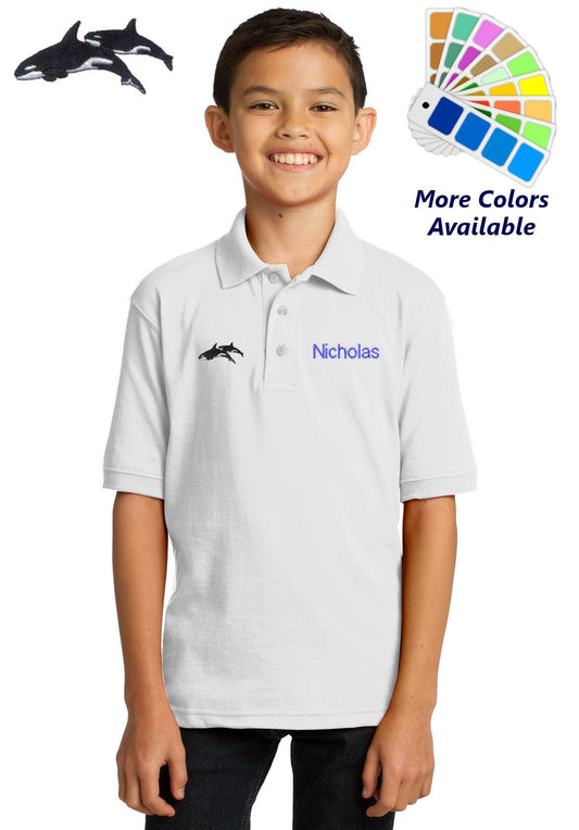 Personalized Kids Polo Shirt Embroidered Killer Whales Monogrammed with a Name or Text of Your Choice