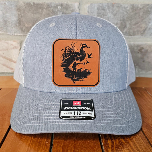 Duck Hunter Leather Patch Trucker Hat, Richardson 112, Bird Hunter Hat, Dad Gift Husband Gift, Sportsman Gift, Laser Engraved