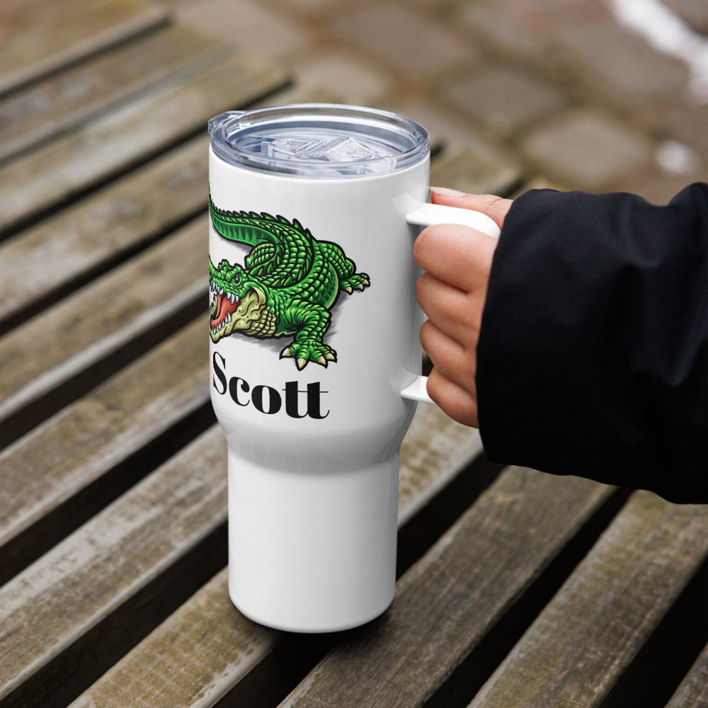 Custom Alligator Tumbler with Handle, Stainless Steel BPA-free Travel Cup, 25 Ounce Mug, Dad Gift