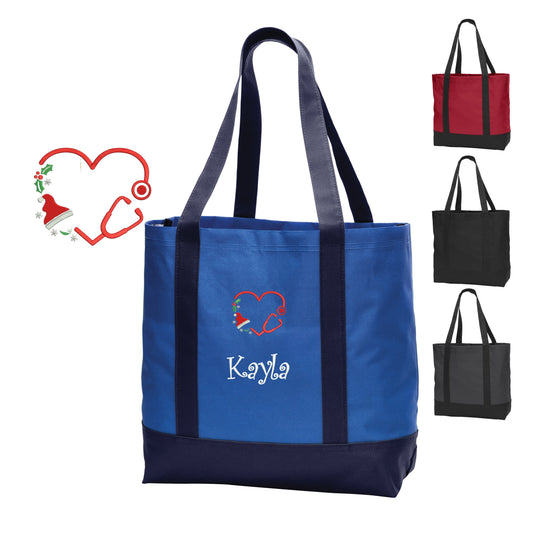 Personalized Canvas Nurse Christmas Tote Bag, Shoulder Bag, Custom Tote, Tote with Handles, Embroidered Custom Name, Nurse Gift