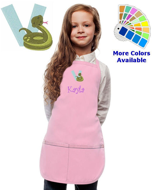 Personalized Kids Apron with Animal Alphabet Letter V Viper Embroidery Design, Monogrammed Art Smock, Childrens Apron, Cooking Gift