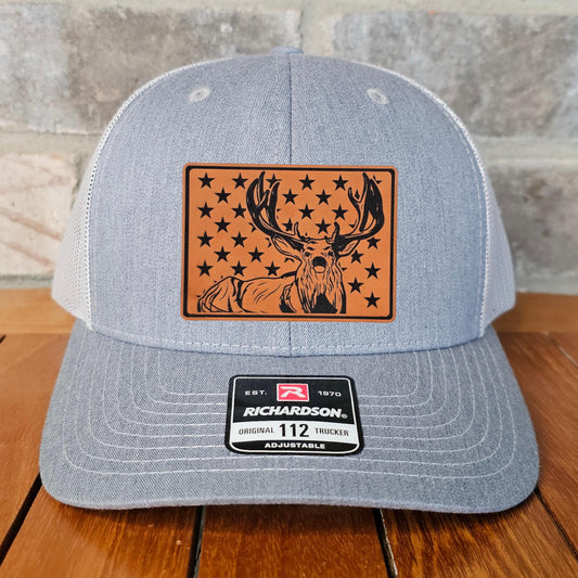 Deer Hunter Leather Patch Trucker Hat, Richardson 112, Deer Hunter Hat with Flag, Funny Dad Gift Husband Gift, Sportsman Gift,Laser Engraved