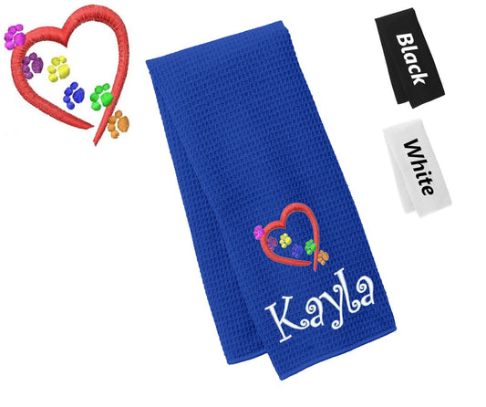 Personalized Dog Towel, Paw Prints Heart, Hand Towel, Grooming Towel, Waffle Microfiber, Embroidered Your Pets Name, Monogrammed Dog Gift