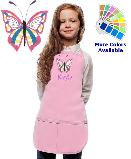 Personalized Kids Apron with Pink Butterfly Embroidery Design