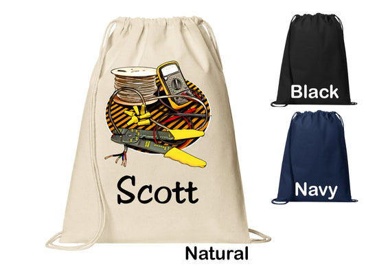 Personalized Electrician Tools Meter Cinch Pack, Drawstring Gym School Pool Backpack, Printed Monogrammed Custom Name, Perfect Gift