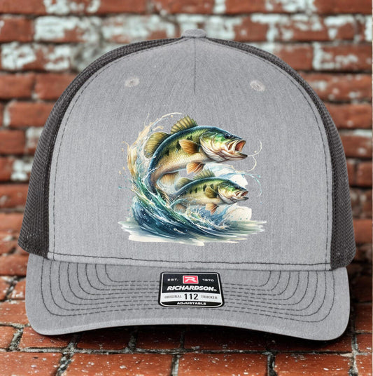 Bass Trucker Hat, Bass Fishing Hat Design, Richardson 112, Bass Jumping in Lake, Dad Gift Husband Gift, Sportsman Gift, Colorful Printed Hat