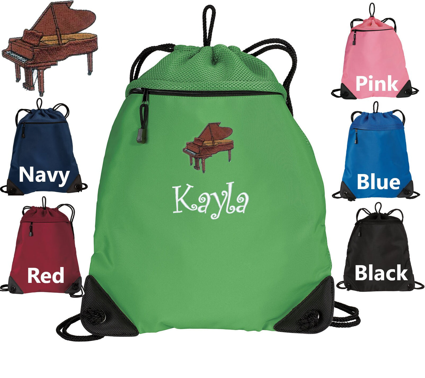Personalized Kids Cinch Pack Embroidered Piano Design, Drawstring Gym School PE Pool Backpack, Monogrammed Custom Name, Kids Band Gift