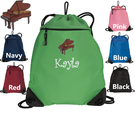Personalized Kids Cinch Pack Embroidered Piano Design, Drawstring Gym School PE Pool Backpack, Monogrammed Custom Name, Kids Band Gift