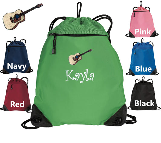 Personalized Kids Cinch Pack Embroidered Guitar Design, Drawstring Gym School PE Pool Backpack, Monogrammed Custom Name, Kids Gift